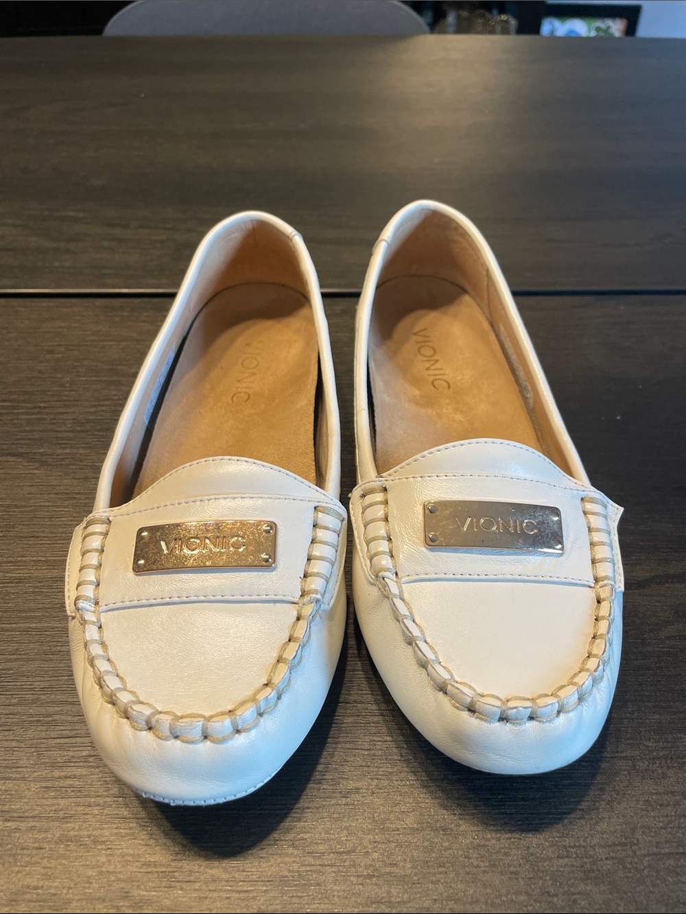 Vionic Cream Leather Slip-On Moccasins with Gold Plaque
